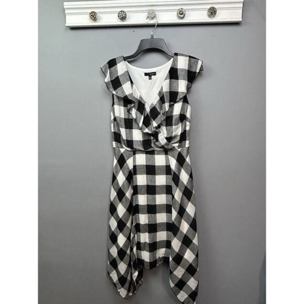 Sangria Dress Womens 6‎ Black White Buffalo Plaid Asymmetrical Draped Hem Ruffle